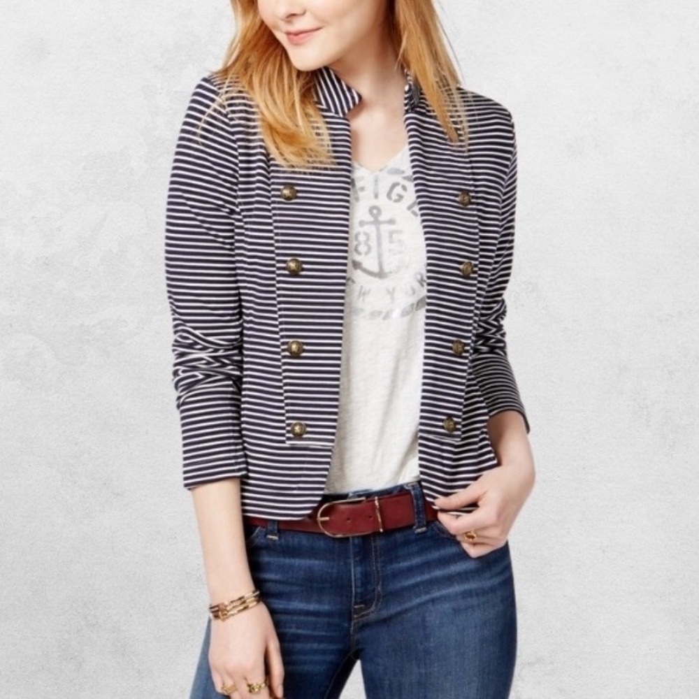Tommy Hilfiger Open Blazer Buttons Striped Long Sleeves Black & White Women's M